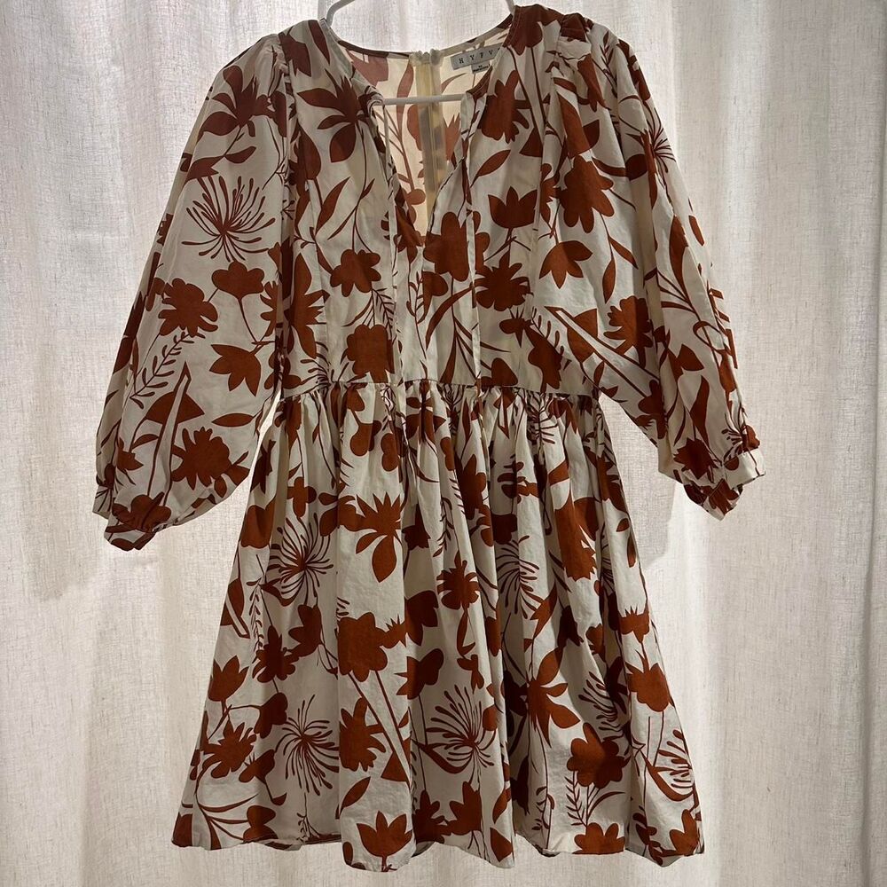 Hyfve Cream & Burnt Orange Floral Babydoll Mini Dress | Size M